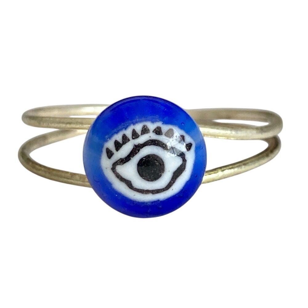 Vintage Murano Evil Eye Art Glass Bead Ring Silver Plated Blue Size 10 Italian